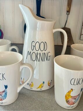 Rae Dunn 'Good Morning' Pitcher with matching Cluck mugs